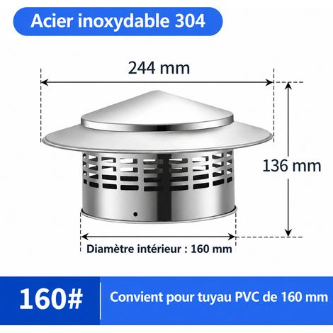 Chapeau de cheminée en acier inoxydable 304, chapeau pare-pluie parapluie pour conduit 160 6 pouces anti-refoulement et ventilation de toiture. – Livraison gratuite