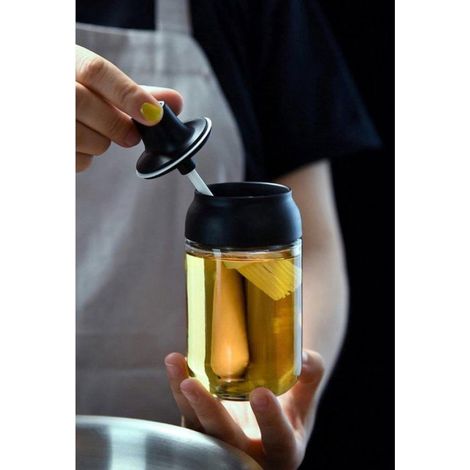 Bouteille à huile avec pinceau, distributeur en verre à bouton-poussoir, large goulot, cuisine barbecue, noir (1/4)