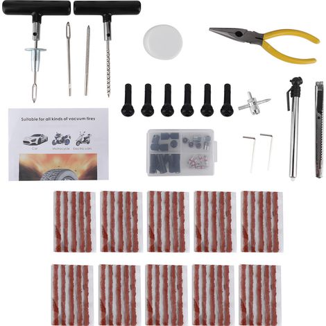 Kit 93 pièces outillage réparation pneu auto moto vélo, rustine chambre à air, kit crevaison voiture scooter, outil démontage pneu universel (1/5)
