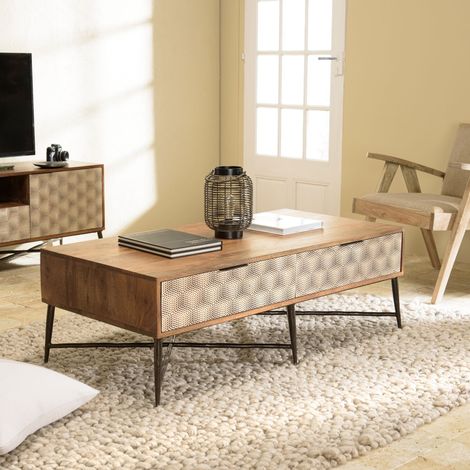 ALIX - Table basse rectangulaire en bois de manguier 2 tiroirs (1/5)