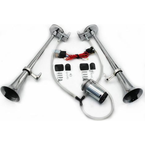 Bocina de coche, bocina de aire para coche, trompeta de 165 db, cromada y zinc, bocina plateada de 12 V, tono alto y bajo, bocina de camión de dos tubos para coche, para camión, yate, etc. (1/5)
