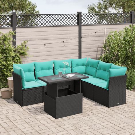 7-teiliges Gartensofa-Set mit Kissen, schwarzes Polyrattan (1/5)