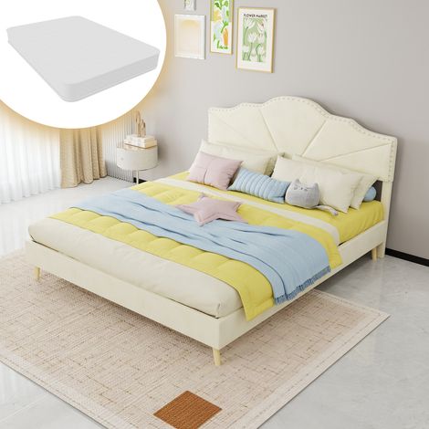 Letto matrimoniale 200x160x156 cm, testiera con design geometrico, materasso incluso, tessuto e metallo beige (1/5)