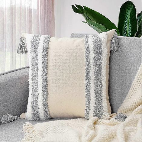 Housse de coussin décorative, style bohème, à pompons, tissée et touffetée, motif tribal, pour canapé, chambre, voiture, salon, beige, 45 cm (1/5)