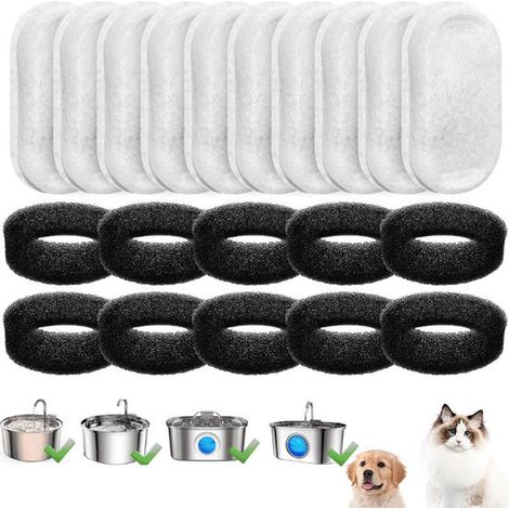 Lot de 20 filtres pour fontaine à eau pour chat, dont 10 filtres à eau et 10 filtres éponge, accessoires de rechange pour fontaine en acier inoxydable