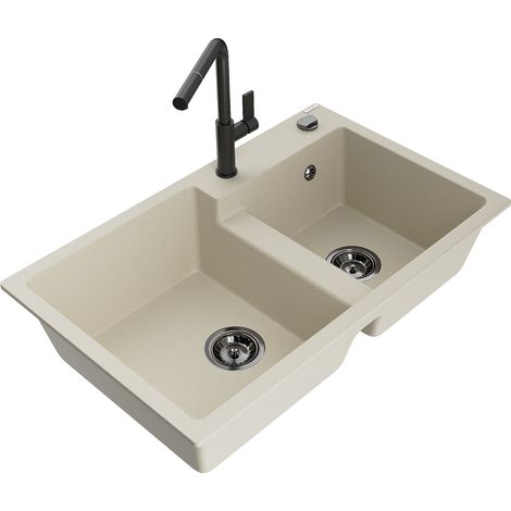Mexen Tomas 2-Becken-Granitspüle mit Mischbatterie Flora, Beige - 6516-69-670401-70-B (1/5)