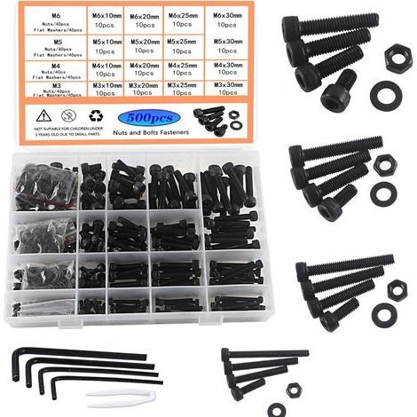 500pcs Boulons,Écrous,Rondelles Acier Carbone M3 M4 M5 M6 Noir Boîte Rangement 4 Clés Bricolage (1/5)