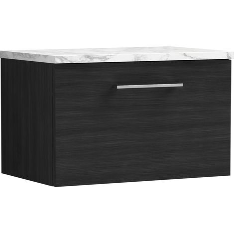 Nuie Arno Wall Hung 1-Drawer Vanity Unit with Carrera Marble Worktop 600mm Wide - Charcoal Black Woodgrain (1/4)