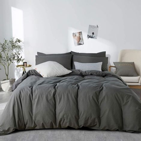 Housse de Couette 200 x 230 cm Coton Gris Anthracite Couleur Unie - Parure de Lit 2 Personnes avec Fermeture Éclair - Aspect ridée Naturel Housse Couette avec 2 Taie d'oreiller 65x65 cm