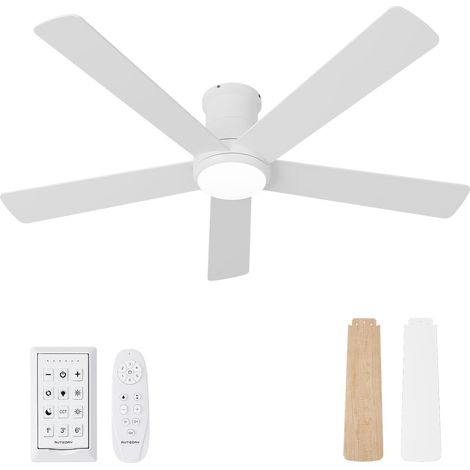 Ventilateurs de plafond de 132 cm avec lumières et télécommande - Ventilateur de plafond blanc avec lumière à profil bas, encastré pour intérieur et extérieur, pour patios et chambres, 6 (1/5)