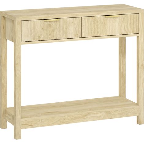 Console étroite 90 cm, table d’entrée avec 2 tiroirs cannelés et étagère, design moderne, bois naturel (1/5)