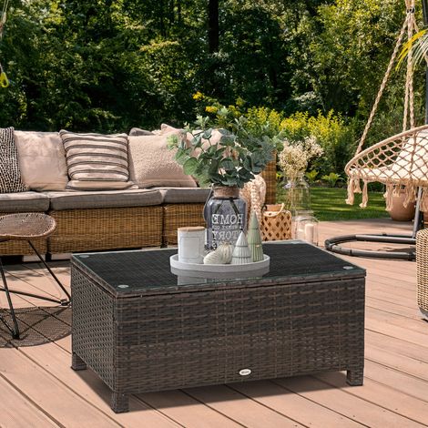Outsunny Table Basse de Jardin - Plateau Verre Trempé 5mm, Rotin Tressé, 85x50x39cm, Charge Max. 50kg, Marron