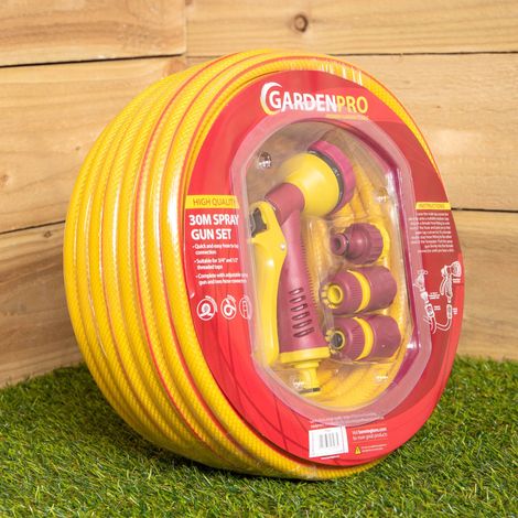 30m Yellow Reinforced Kink Resistant Garden Patio Hose Pipe with Spray Gun Set (1/5)