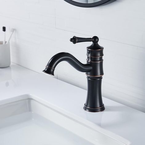 Robinet Salle de Bain, Mitigeur Lavabo Pivotant à 360° Robinet Mitigeur Lavabo, Rétro Mitigeur Robinet de Lavabo, Monotrou Mousseur ABS Démontable Bronze Huilé avec Tuyau (1/5)