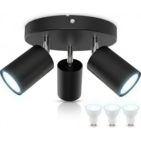 Plafonnier 3 Spots Rond Noir, Lot de 3 Ampoules GU10 LED 6000K Blanc Froid Fournies. Éclairage Plafond Orientable Métal, Installation Immédiate pour Atelier, Garage, Salle de Bain, Lumière Vive (1/5)