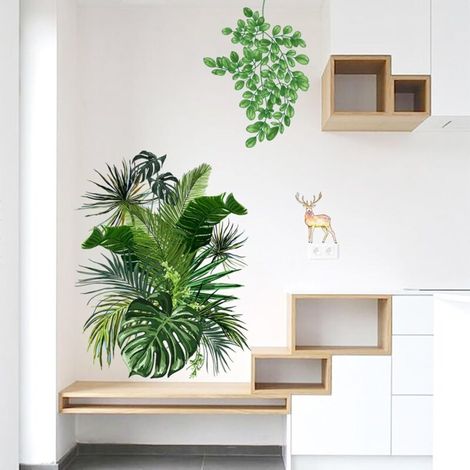 Adhesivo de pared adornado con hojas verdes tropicales y un ciervo dorado, decoración de pared autoadhesiva, ideal para decorar el dormitorio, el baño, el aula y el salón. (1/4)