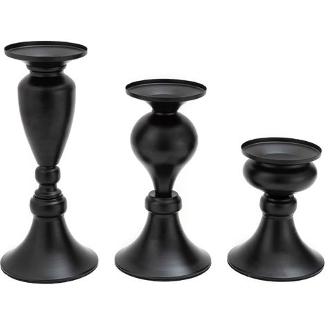 Ensemble de 3 bougeoirs noirs, style vintage, porte-lanternes en métal, pour bougies piliers, décoration de mariage ou de fête.