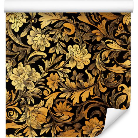 Carta da parati con ibisco dorato, ocra e oro, per soggiorno e camera da letto, 50x1000 cm. (1/5)