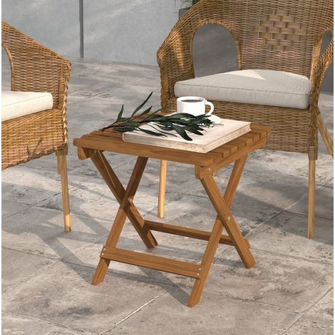 Mesa auxiliar de jardín de madera de acacia color teca, cuadrada, plegable, tablero de lamas, juego de 2 (1/5)