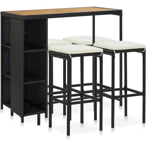 5-tlg. Gartenbar-Set mit Kissen Poly Rattan Schwarz