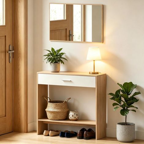 Ensemble Meuble d'Entrée Table Console et Miroir Mural Rangement avec Tiroir et Étagère Panneau Particules 91,5x27,9x85,5cm (1/5)
