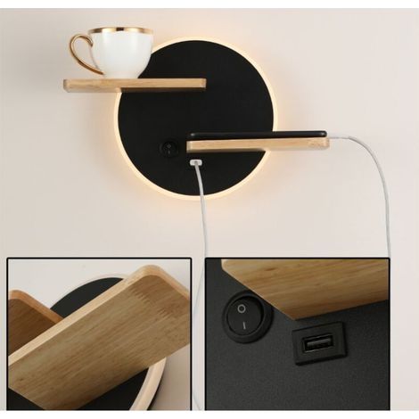 Applique murale d'intérieur à LED avec port USB, applique murale moderne avec interrupteur, liseuse, lampe de chevet, éclairage, veilleuse, 30 x 19 x 12 cm, noir [Classe énergétique A] (1/5)