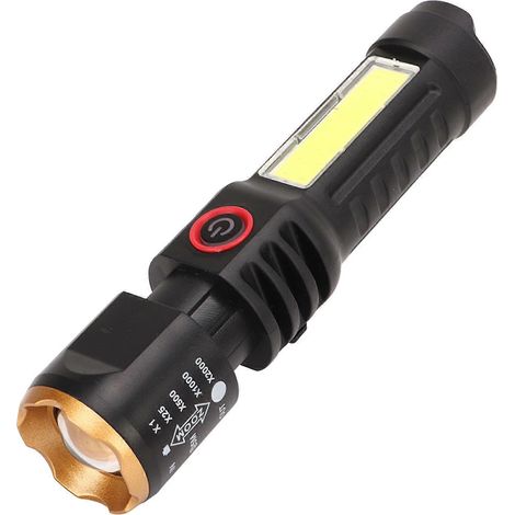 Lampe torche rétractable d'extérieur 2024, puissante et longue portée, rechargeable par USB-C, idéale pour le camping et la randonnée, avec anneau noir et doré. (1/5)