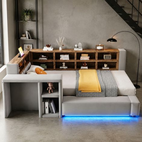 Cama tapizada 90 x 200 cm con almacenaje, LED, enchufes integrados y mesita OKWISH gris oscuro (1/5)