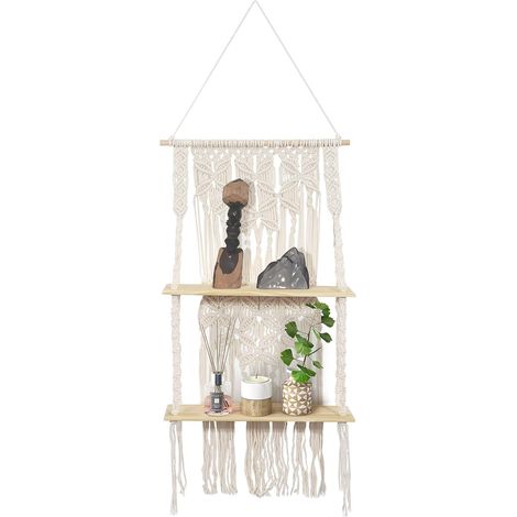 Estante de pared de madera de macramé de dos niveles con diseño bohemio, estante colgante de cuerda flotante para plantas de interior, almacenamiento decorativo para baño, cocina, dormitorio, sala de (1/5)