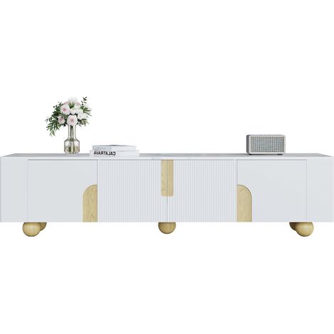 ELVMI Mobile TV con 4 Ante, Superficie Effetto Marmo, per Soggiorno, in MDF e Pannelli di Particelle, 180×40×44 cm, Bianco e Legno (1/5)