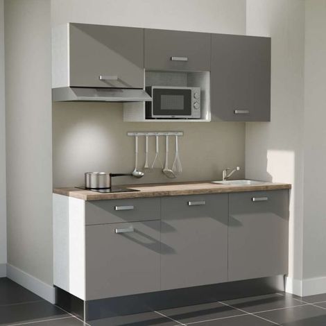 Kitchenette K30L-PT - 180 cm - plan stratifié, évier inox, - Façade Gris - Plan Bois - Evier Inox - Crédences Non + Electroménager inclus coloris Inox (1/5)