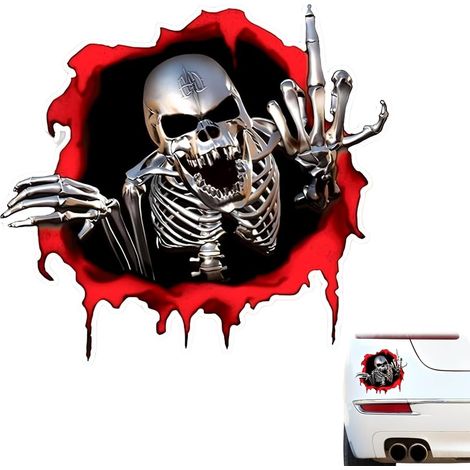 Autocollant Cartoon avec Crâne et Doigt d'Honneur, Sticker Voiture pour Pare-chocs et Hayon, Auto-adhésif, Amusant (1/5)
