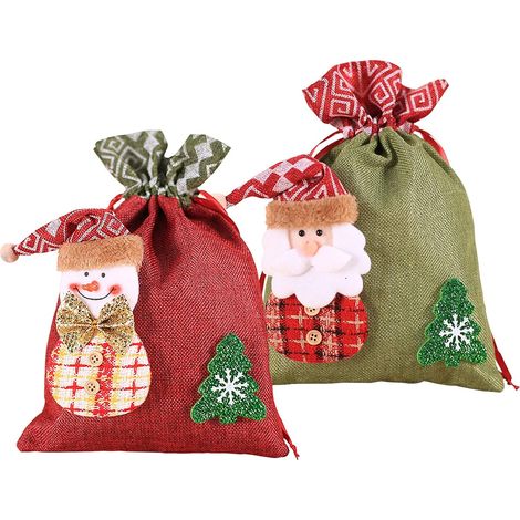 Bolsa De Regalo Navideña Con Cordón - Muñeco De Nieve Y Hombre De Papá Noel - Tela De Lino - 20 Cm X 30 Cm - 2 Unidades (1/5)