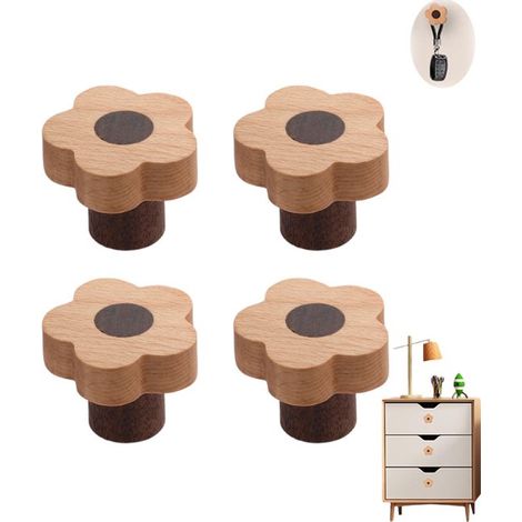 Lot de 4 boutons de meuble - Boutons de meuble en bois - Bouton de meuble fleuri - Boutons de meubles - Bouton de meuble et crochet mural 2 en 1 - 3,9 x 3,5 cm - Pour tiroirs, placards et chambres d'e (1/5)