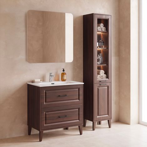 Ensemble meuble simple vasque encastrée 80cm et colonne Moka Bois foncé (1/5)
