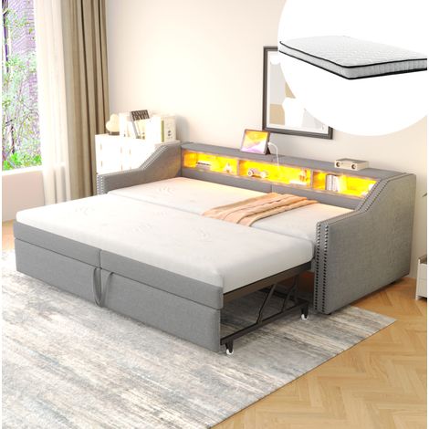 Ausziehbares Schlafsofa 90/180 x 200 cm mit LED, USB und Stauraum, hellgrau HAVRYA (1/5)