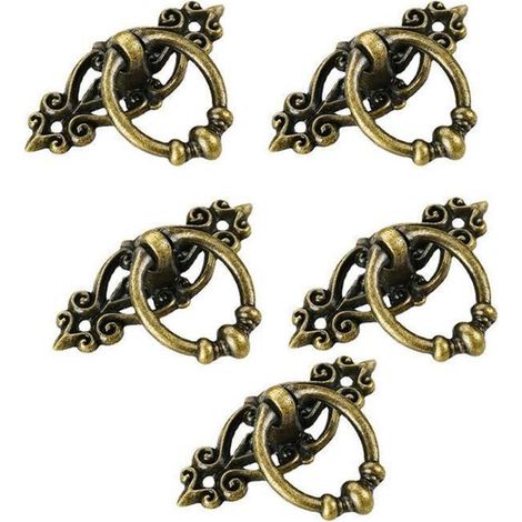 Lot de 5 poignées vintage pour porte de tiroir, placard ou meuble, en fer doré et laiton antique. (1/5)