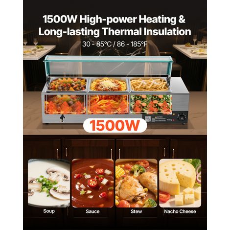 Chauffe-Plat Électrique à Vapeur 1500 W, Buffet Chauffant en Inox, Bain-marie avec 3 Bacs, Couvercle en Verre et Louches à Soupe et…