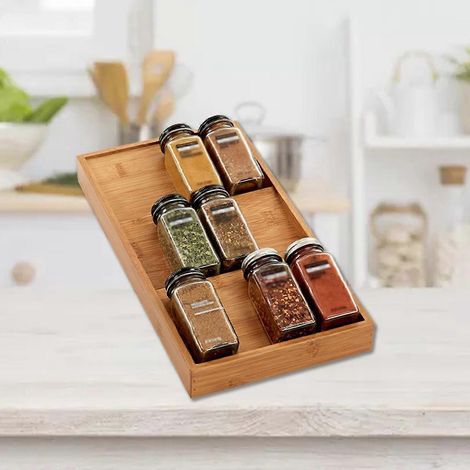 Organisateur à épices à 3 niveaux en bois pour la cuisine, avec tiroir et étagère pour 12 pots. (1/4)