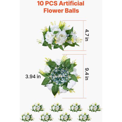 Bouquet de 10 boules de fleurs artificielles blanches 240 mm, centres de table mariage, roses en soie pour décoration de table et réception (1/5)