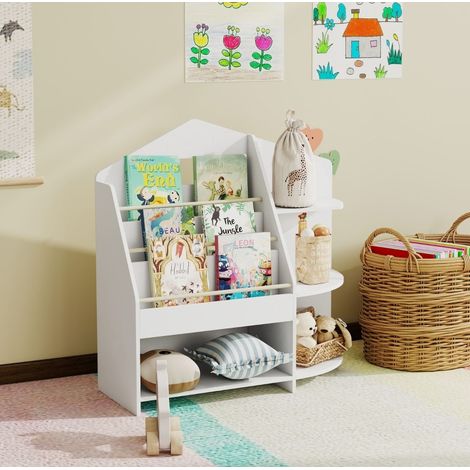 Libreria per bambini in legno bianco con 7 scomparti, bordi arrotondati (1/5)
