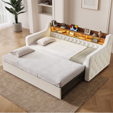 Lettino per bambini 90x190 cm con letto estraibile, LED, porte USB e Type-C, testiera con contenitore, velluto beige (1/5)