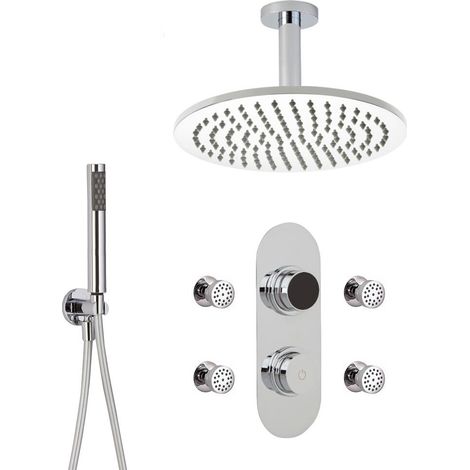 Hudson Reed - Kit de Douche Thermostatique Digital 3 Fonctions avec Pommeau Plafond Rond - 4 Buses Massages