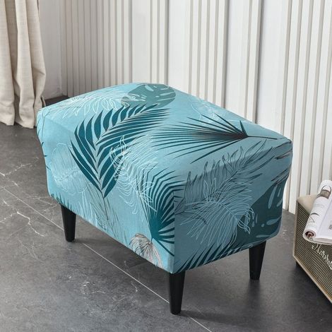 1PC (Lake Blue Leaves) Rectangular Stretch Ottoman Cover, Footstool Cover, Furniture Protector, Stool Cover with Elastic Bottom, Non-Slip, Washable (1/5)