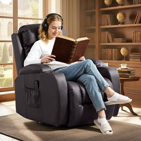 Fauteuil inclinable de massage et chauffage, fauteuil de relaxation, dossier réglable, pivotant 360°, 82x99x103cm, marron (1/5)