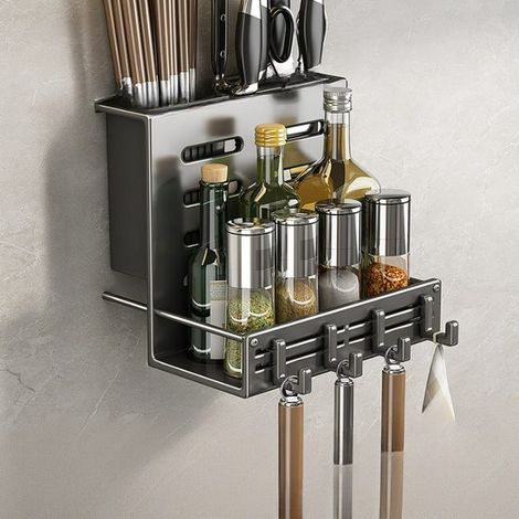 Porte-couteaux de cuisine Etagère Pas besoin de percer des trous Support mural pour épices et baguettes Gris foncé 27.810.220.4 cm (1/5)