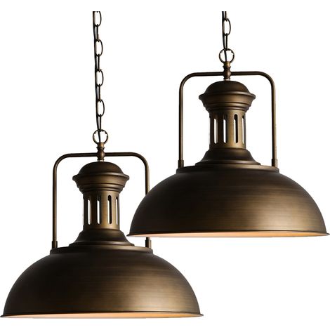 2pcs Vintage Pendant Light Copper, Industrial Hanging Ceiling Lamp with Lampshade, Ø33cm Metal Dome Chandelier for Bedroom Living Room Kitchen Island (1/4)