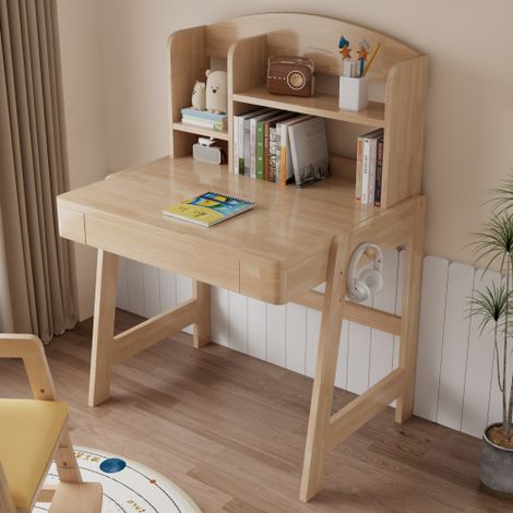 Table pour enfant, bureau pour enfant en bois massif à hauteur réglable, couleur naturelle, avec tiroir, espace de rangement et crochets, pour les enfants à partir de 6 ans