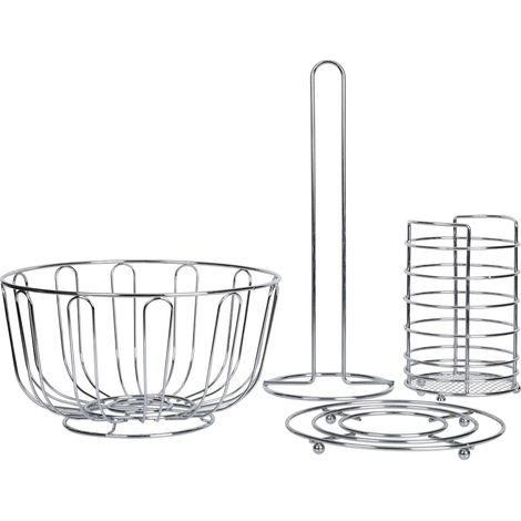 4 Pièces Ensemble d'Ustensiles de Cuisine en Métal, Corbeille à Fruits, Support à Couverts, sous-Verre et Support de Papier Essuie-Tout, Argenté (1/4)