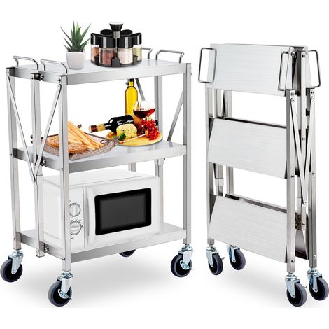 Chariot de service pliable inox 3 niveaux - frais 300 lb - Roulettes 360° verrouillables - Sans montage - Cuisine/garage/atelier/restaurant - Couleur argent (1/5)